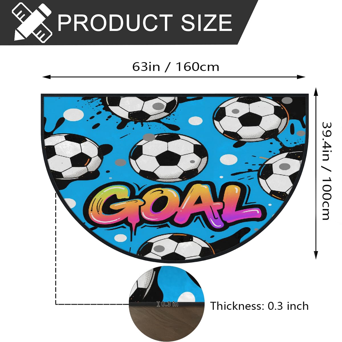 Große halbrunde Fußmatte, Fußballtor, rutschfest, saugfähig, halbrund, Eingangsbereich, niedlich, weich, halbrund, waschbar, Teppich für Küche, Badezimmer, Schlafzimmer, 160 x 100 cm