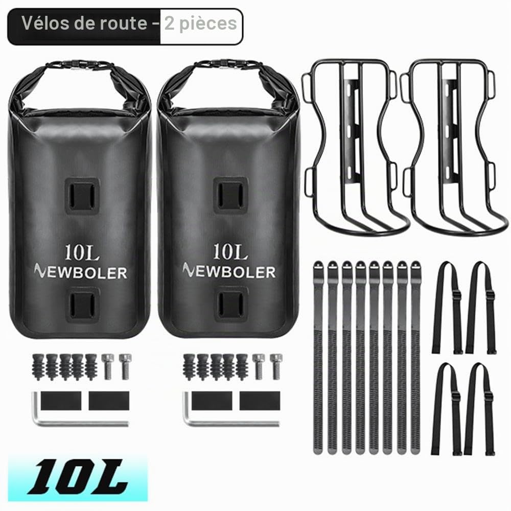 Kavolet Lot de 2 sacoches de fourche de vélo de 10 l - Étanche - Avec ouverture par rouleau - Sacoche de vélo avant pour porte-bagages - Sacs de vélo portables pour VTT et vélos de route