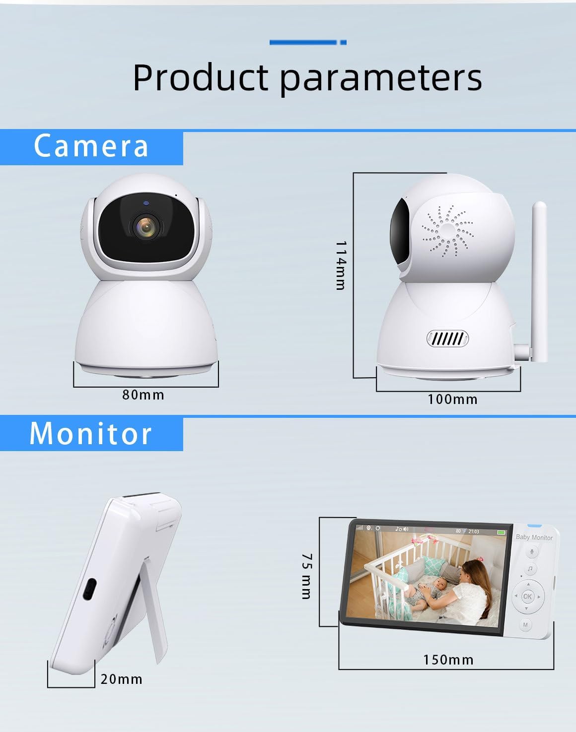 Diagram showing dimensions of the camera and monitor units.