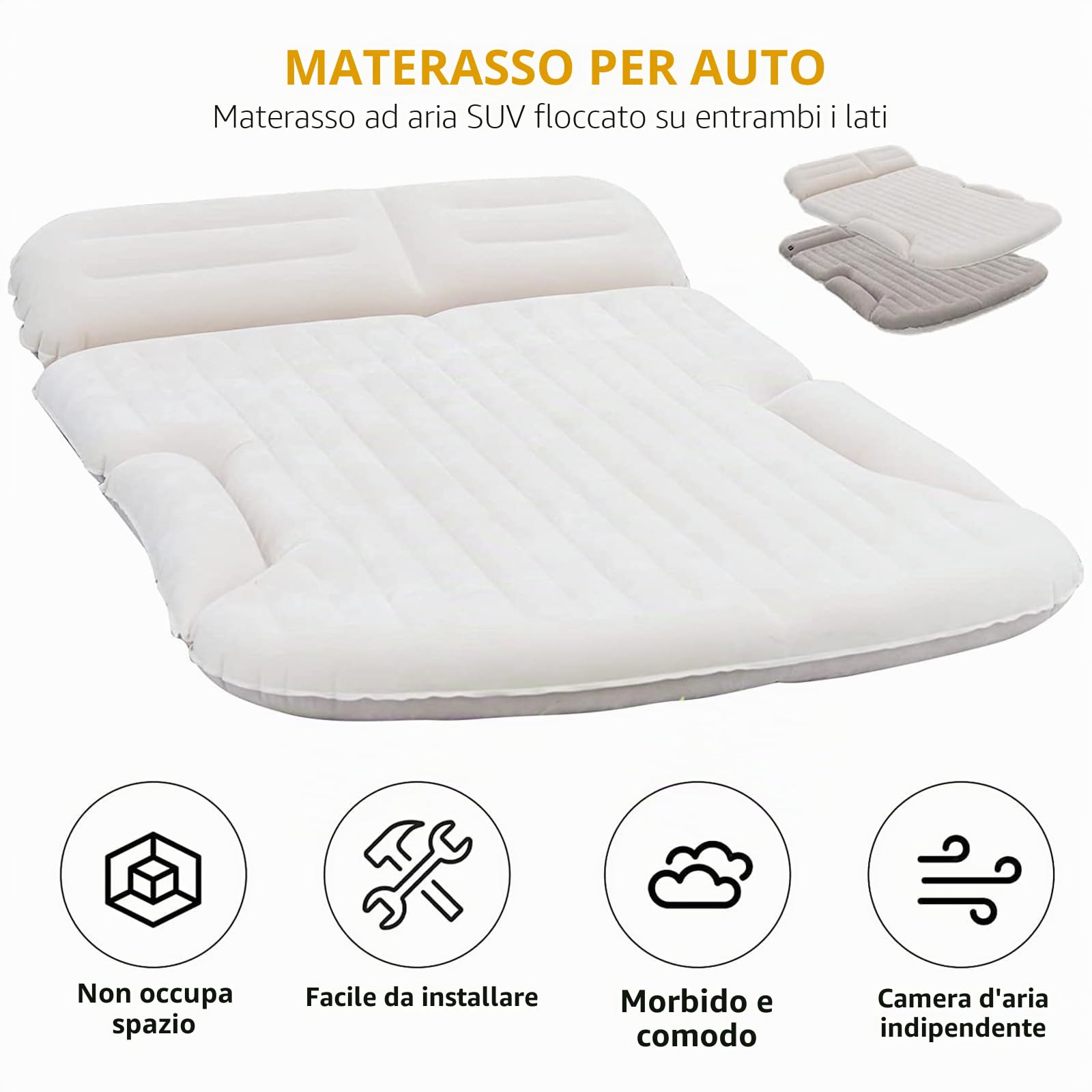KMZ SUV - Materasso per auto ispessito e floccato su entrambi i lati, per campeggio, con 2 cuscini per sedile posteriore e bagagliaio (beige e caffè)
