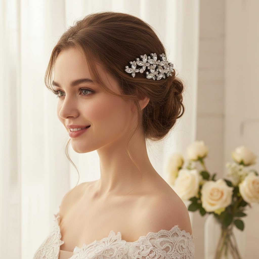 Silver Butterfly Hair Comb, Bridal Wedding Hair Piece, Cubic Zirconia Crystal Hair Accessories for Bride, Prom, Party, Elegant Side Comb for Women