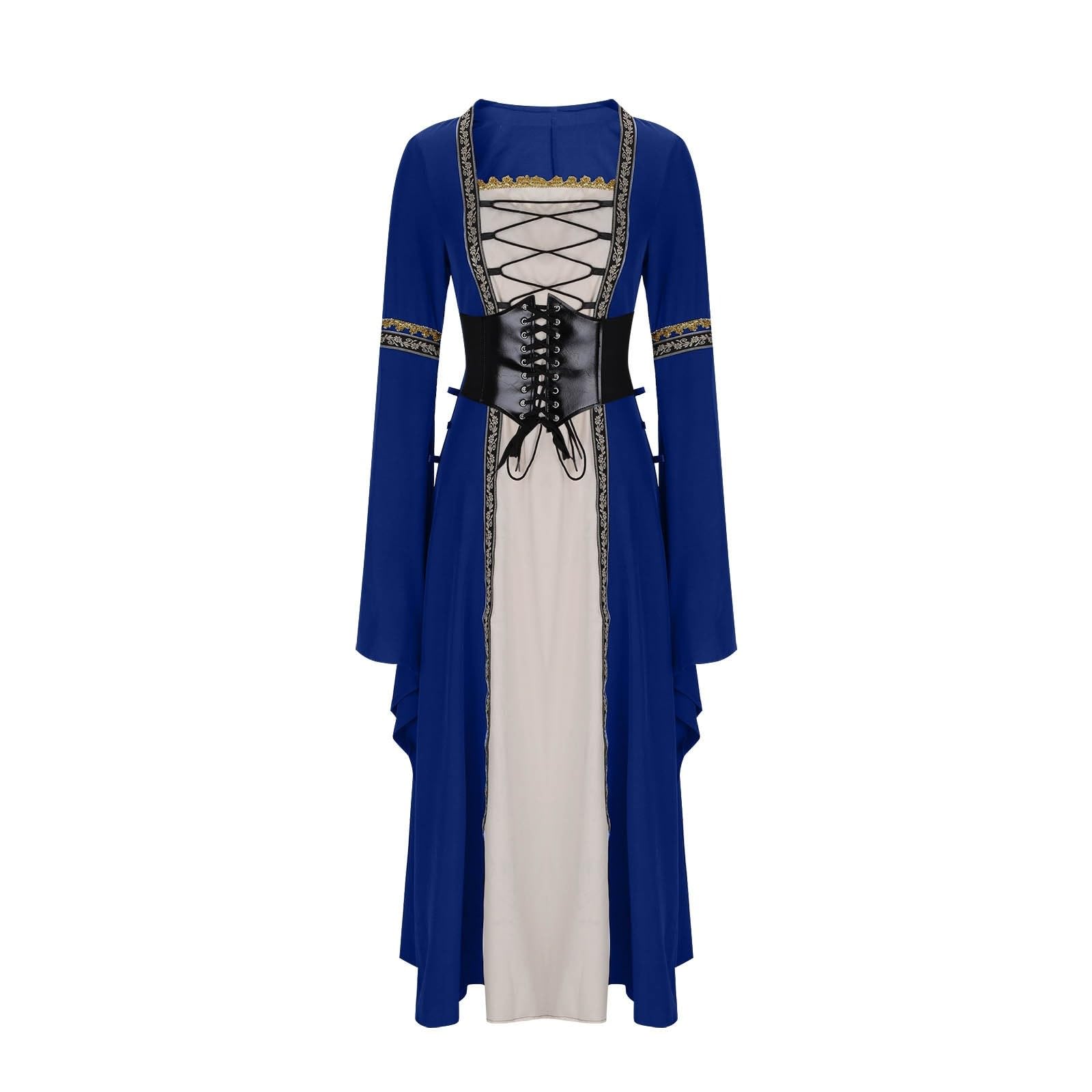Abito Lungo in Stile Gotico Elegante con Scollo Quadrato, Maniche Lunghe, Polsini Svasati, Orlo a Balze e Lacci, per Cosplay, Costume Storico