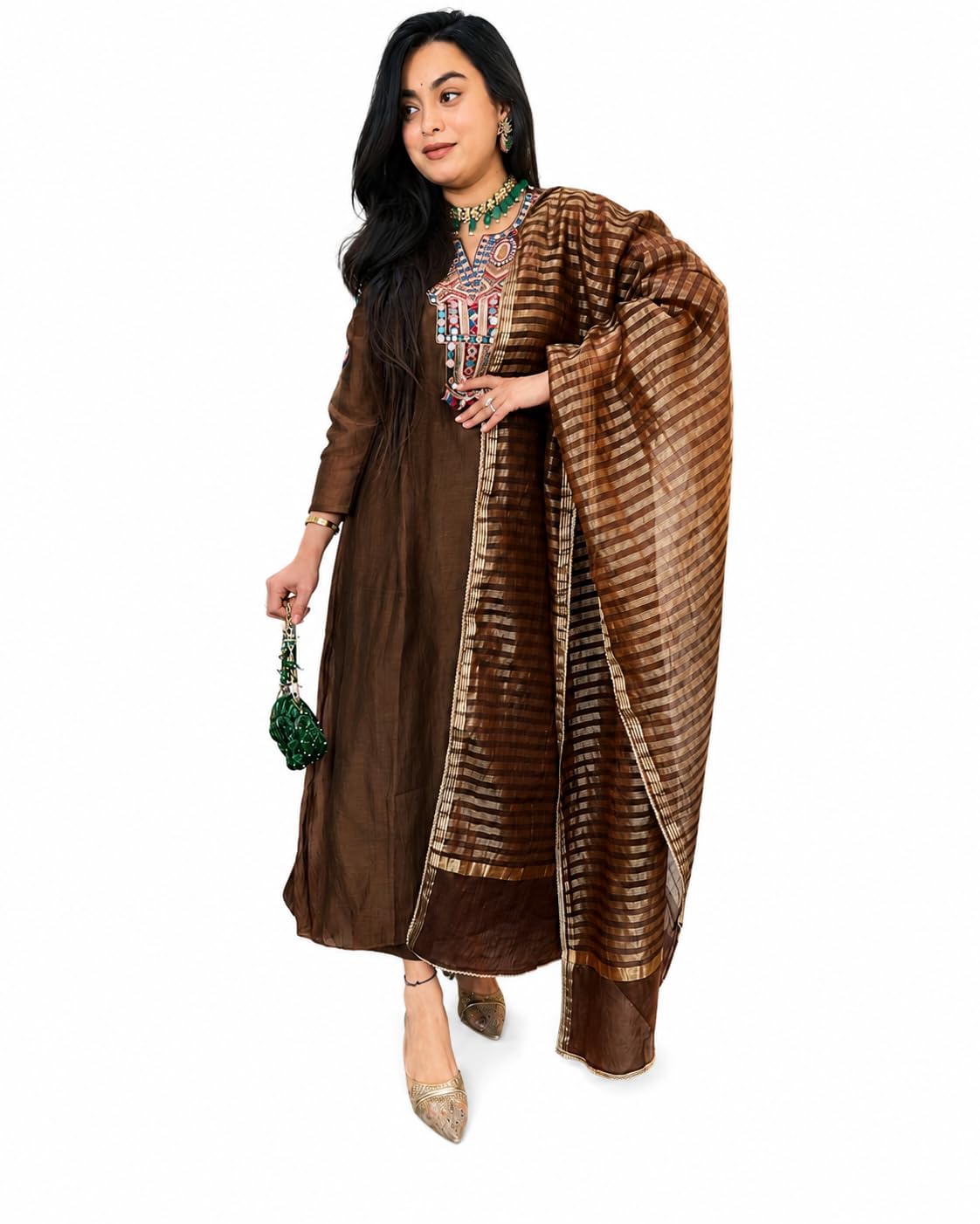 NAZARIA Women's Cotton Blend Embroidered Straight Kurta with Striped Dupatta Set | Ethnic Kurta Pant with Dupatta for Women | Round Neck | 3/4 Sleeve | Festive, Wedding, Party & Office Wear | Brown-picture-40