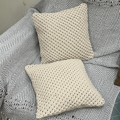 Image of Beautifull and Luxurious Handmade 100% Cotton Macrame Cushion Cover 16 inchx16 inch inch in Natural White Colour | Boho Cushion Cover in Premium Canvas Duck Fabric (5, WDM403)