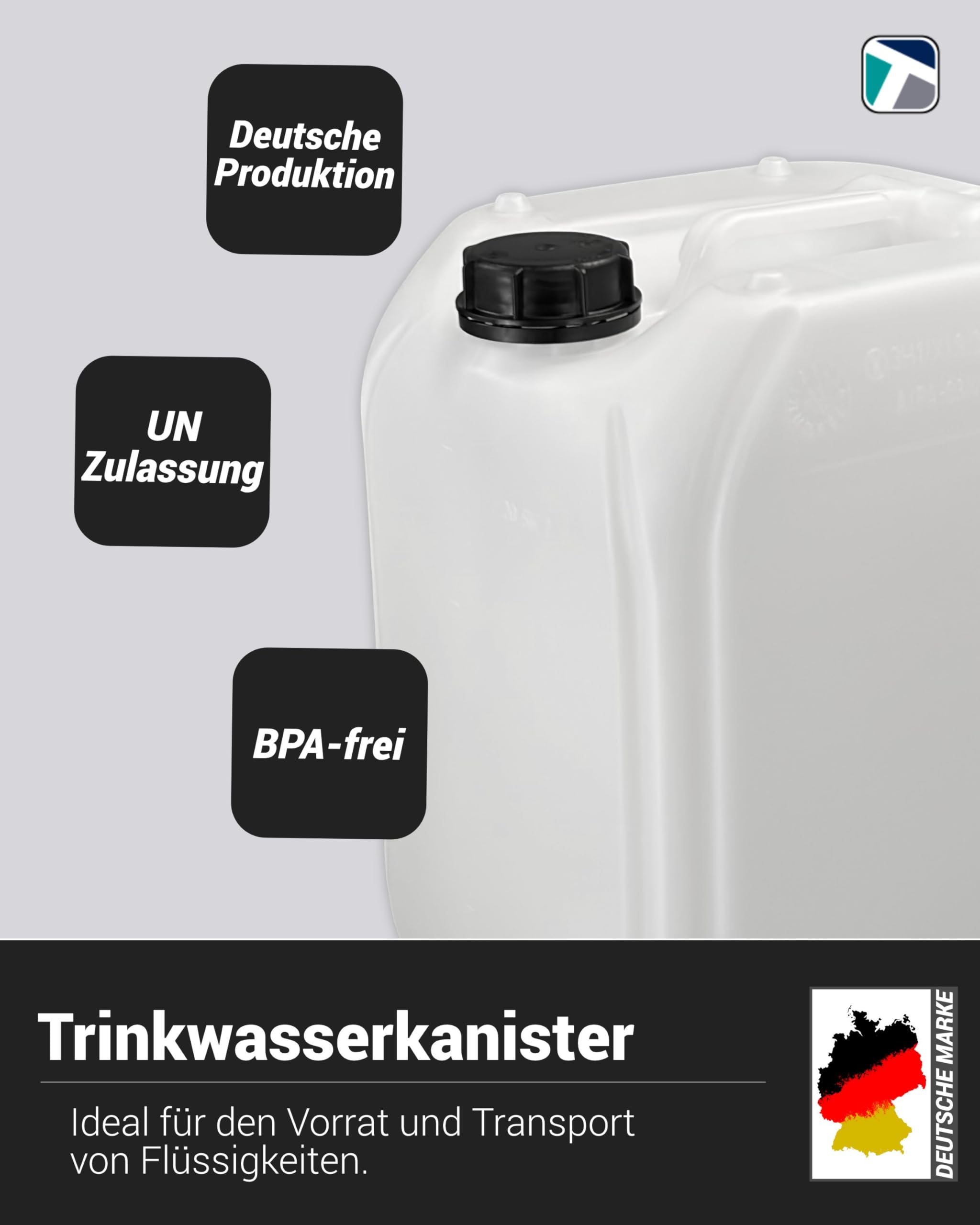 Trevendo 8er-Set Wasserkanister - Leerkanister - Kunststoffkanister (20 Liter, DIN 61, Ø49 mm) - lebensmittelecht & BPA-frei - inkl Beschriftungsetiketten