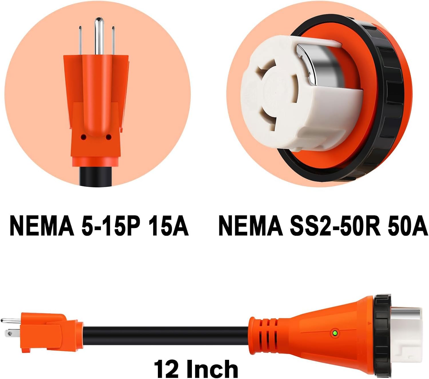 RV Adapter Cord 50 Amp to 110 Volt RV Adapter 12 Inch,NEMA 5-15P to NEMA SS2-50R Electrical Power Adapter,10/3 Gauge RV Dogbone Adapter Cord with Twist Lock 15M50T