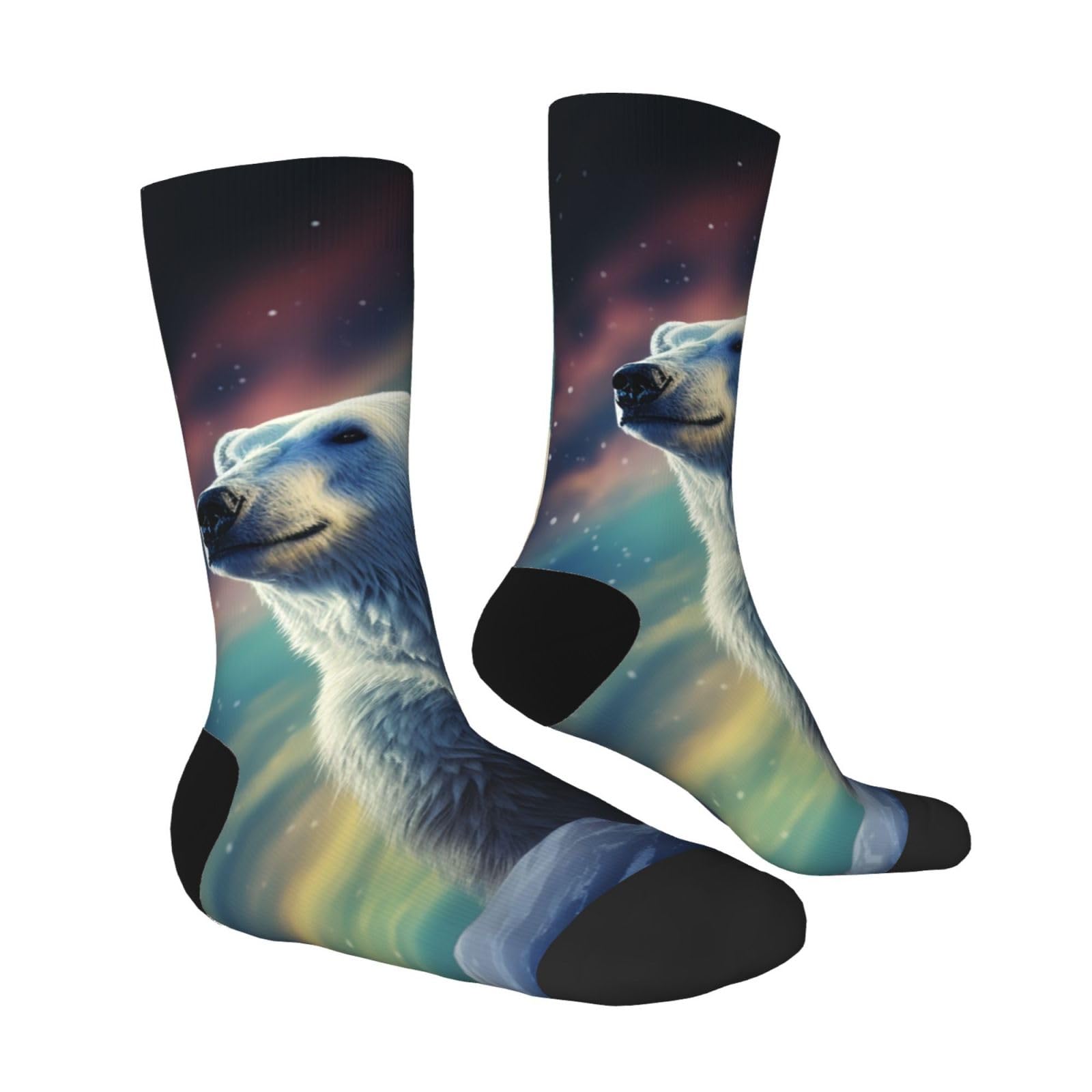 LZQPOEAS Northern Lights Polar Bear Athletic Socks Unisex Cushioned Crew Socks Hiking Running Calf Sock Soft Above Ankle Sock