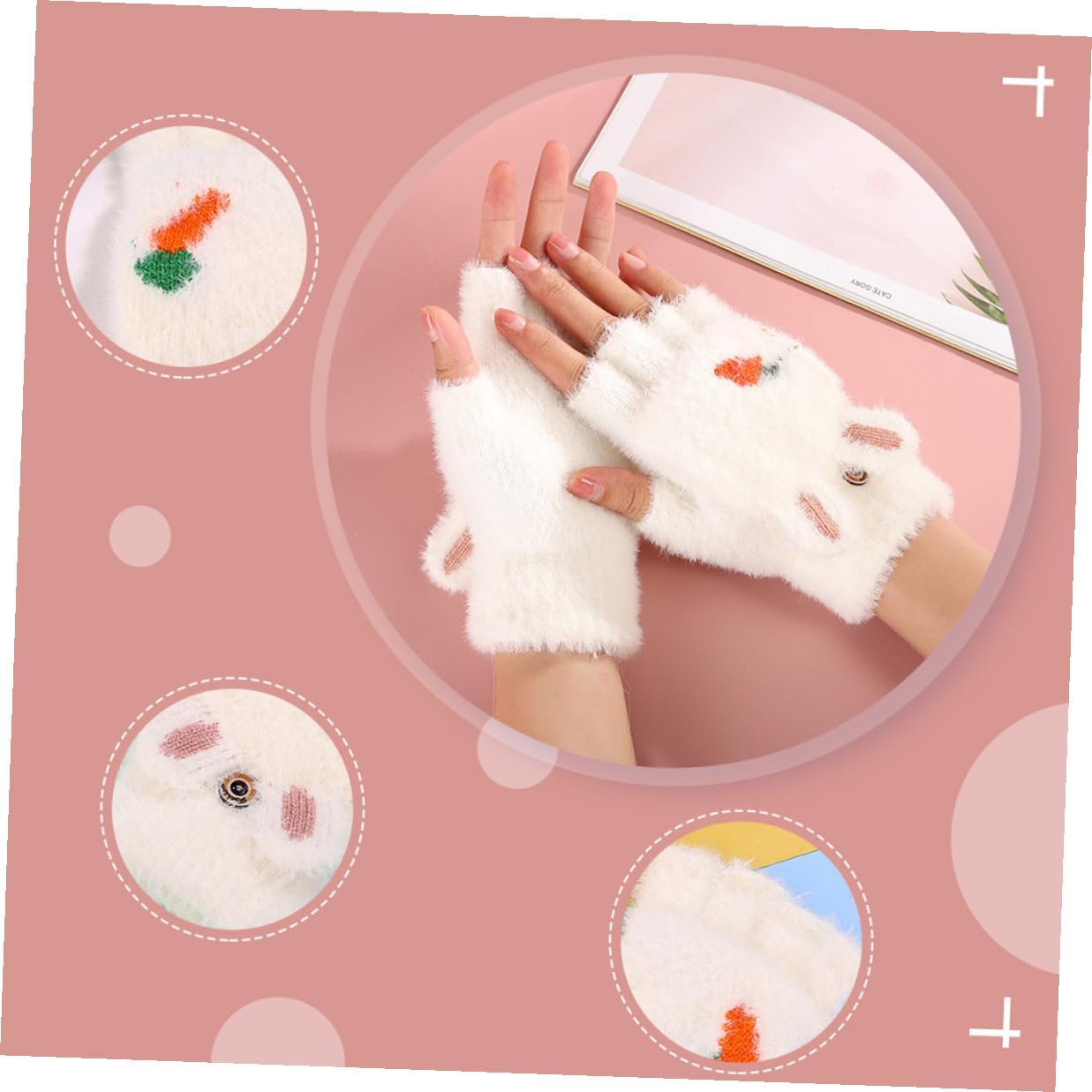 Cartoon Winter Gloves with Flap Cover, Thickened Half Finger Warm Convertible Mittens, White Fingerless Gloves for Outdoor Cold Weather