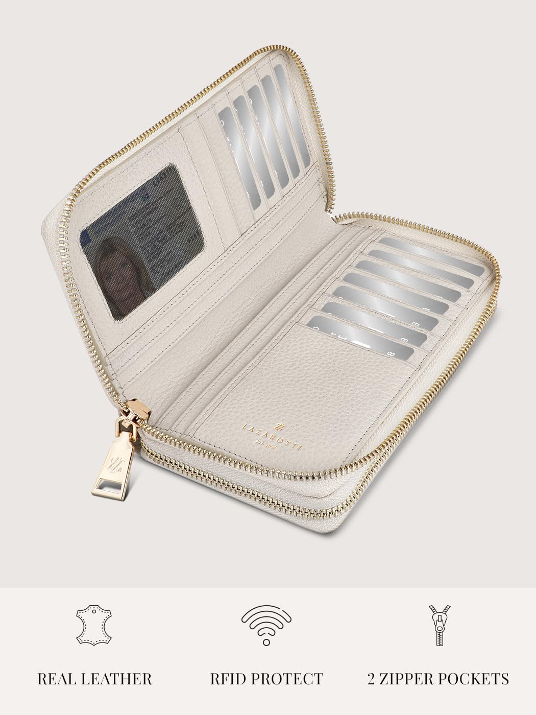 Lazarotti Bologna XL skórzany portfel damski | 2 duże kieszenie z zamkiem błyskawicznym, 20 przegródek na karty, kieszeń na monety, ochrona RFID | 20 x 4 x 11 cm, kremowy, Einheitsgröße, Klasyczny