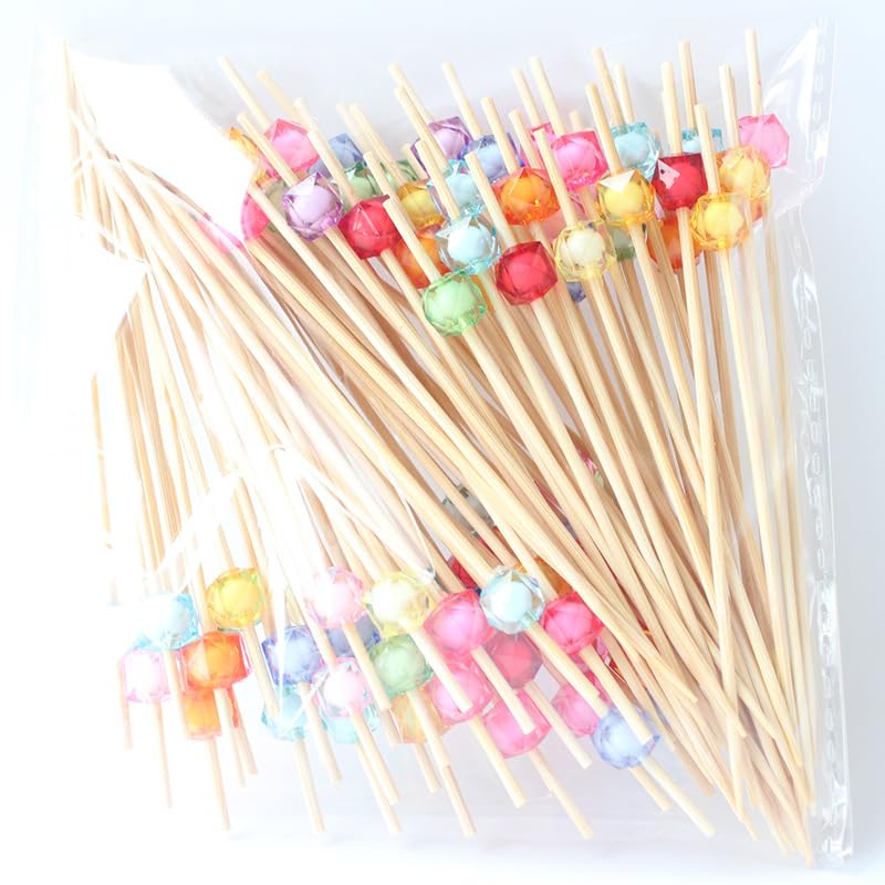 100 pcs Cocktail Sticks, Multicoloured Beaded Rattan Skewers, Fine Toothpicks for Hors d'oeuvres, Cups Fruit Burger Party Decoration, Party Festive Wooden Sticks, Long Toothpicks for Dessert Sandwich