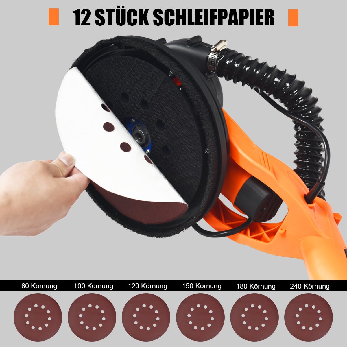 SOARS - Lijadora de jirafa 750 W, Ø250 mm, 6 velocidades, 800-1750 rpm, mango telescópico, luz LED, bolsa para polvo, 12 hojas abrasivas, jirafa lijadora para pared y techo