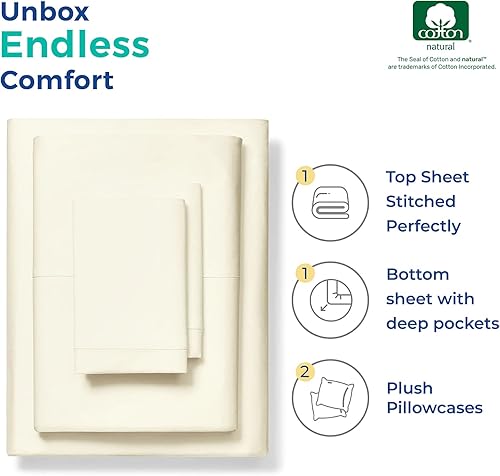 Miniatura 3 de THREAD SPREAD Sábanas 100% de algodón egipcio, tamaño California King, 800 hilos, 4 piezas, color marfil, para cama de tamaño California King,