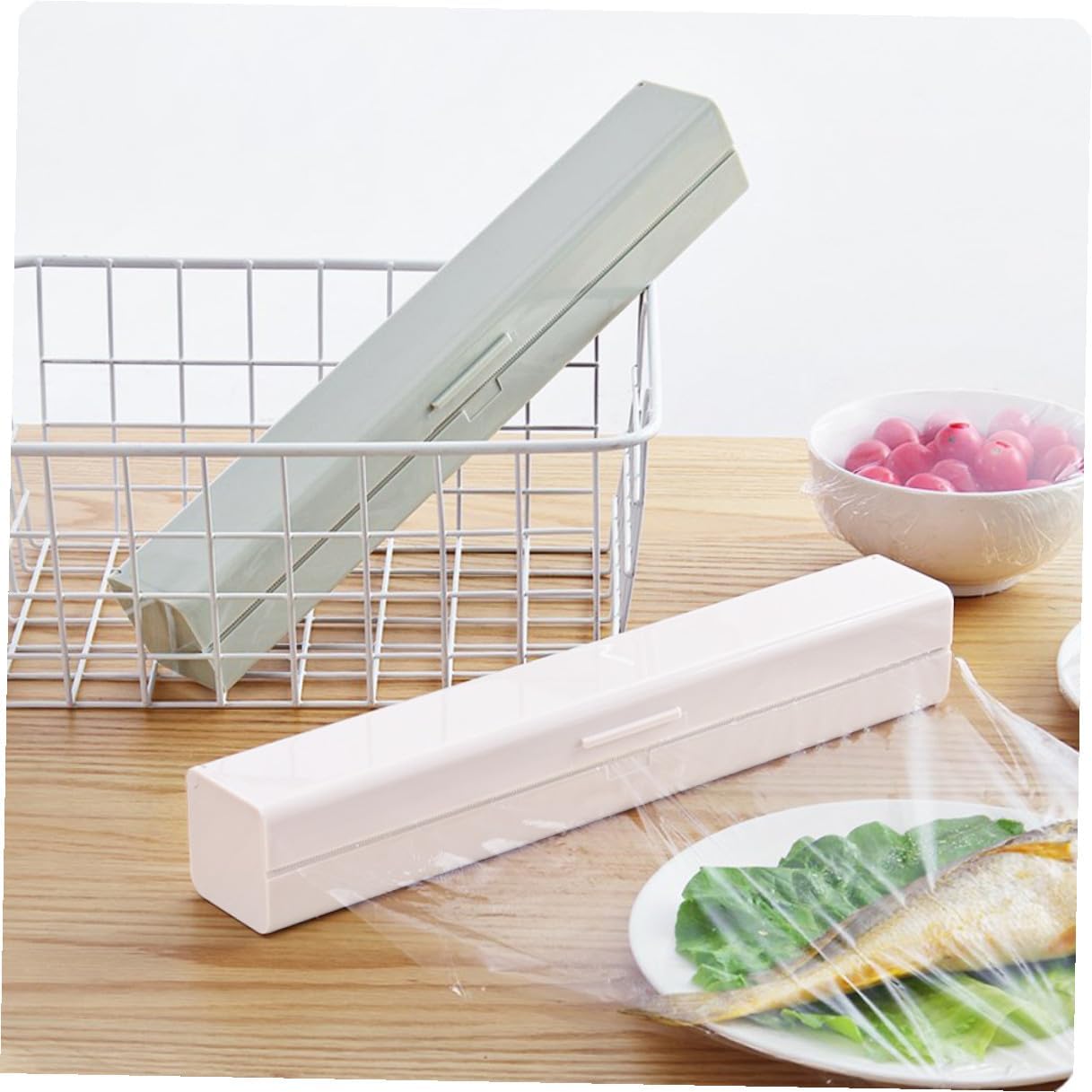 Plastic Wrap Dispenser Case with Cutter, PP Kitchen Storage Box