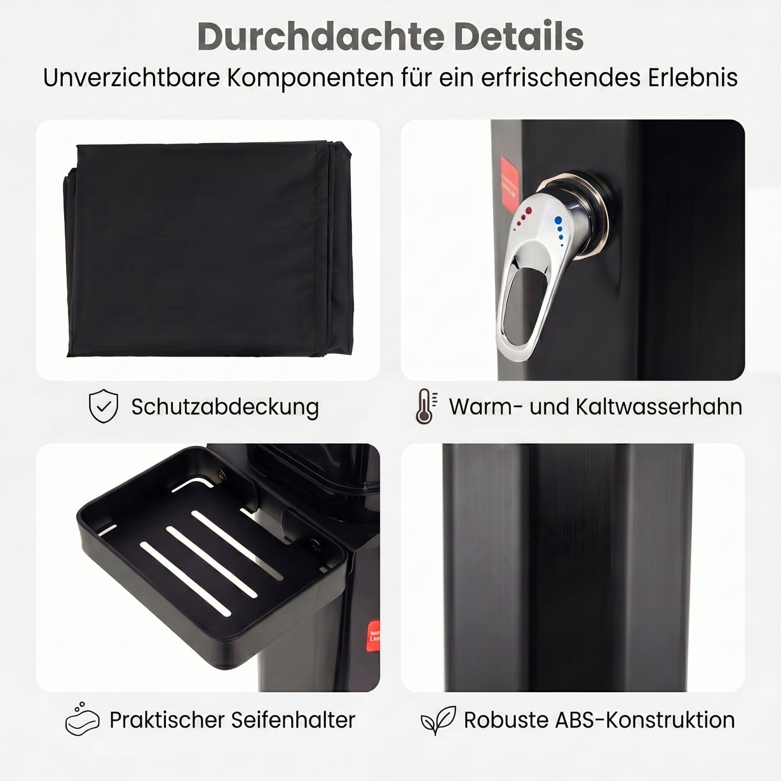 SOARS Solardusche, 60L Gartendusche mit Warmwasser bis 60°C (Schwarz) | Solar Dusche mit Ablage, Außendusche mit drehbarem Duschkopf, Fußdusche & Schutzhaube, Pooldusche ohne Strom für Garten, Pool