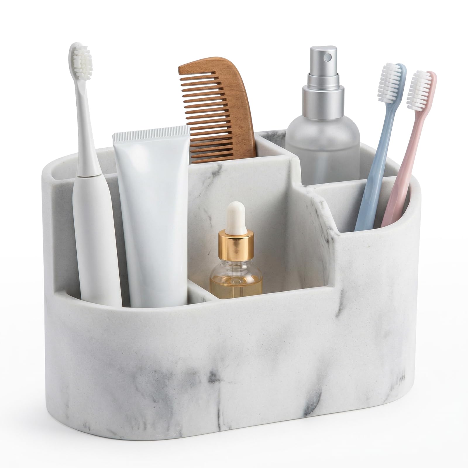 Evergoods White Marble Toothbrush Holder Caddy 5 Compartment Bathroom Toothbrush Fast-Drying Toothbrush & Toothpaste Organizer For Bathroom Countertop, Stylish Marble Design For Home