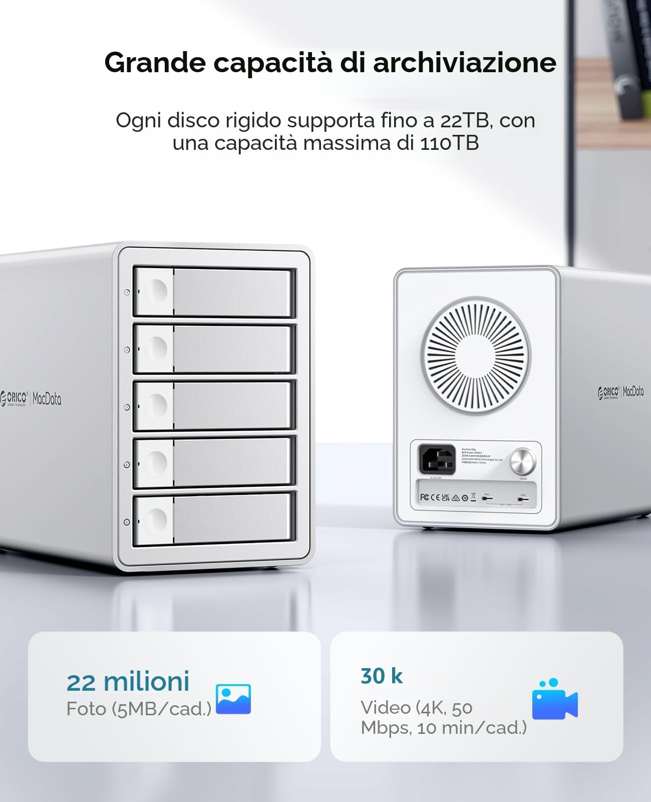 ORICO 5BIG Enclosure per disco rigido SATA HDD/SSD da 2,5/3,5 Pollici fino a 5 x 22 TB, Alluminio USB 3.1 Docking Station per Hard Disk, 10Gbps, Supporta Daisy Chain (9958C3)