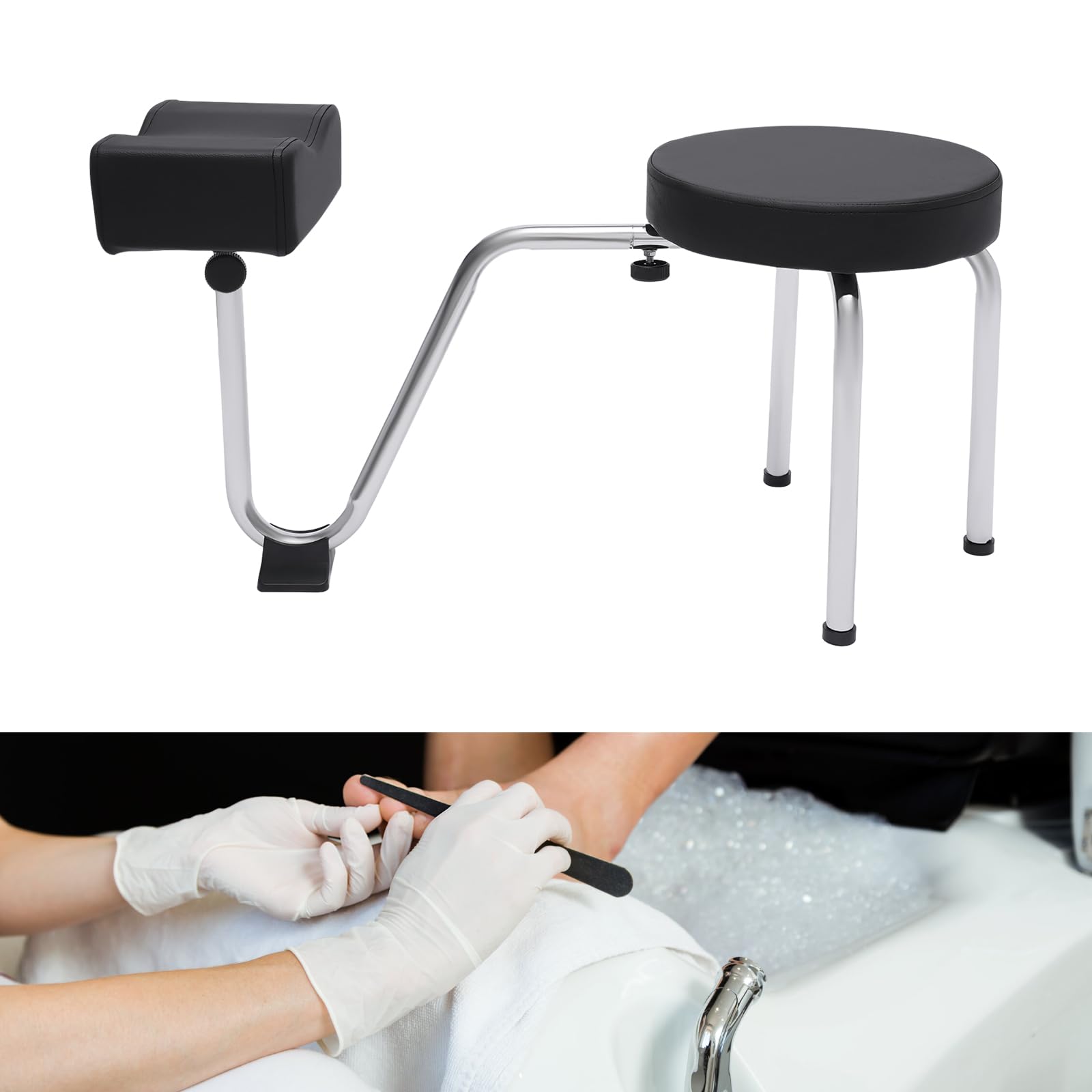 MINRS Fußpflege Stuhl 2 in 1 Pediküre Hocker Verstellbare Beinauflage PVC Pad Schwarz für Nail Tech Spa Salon