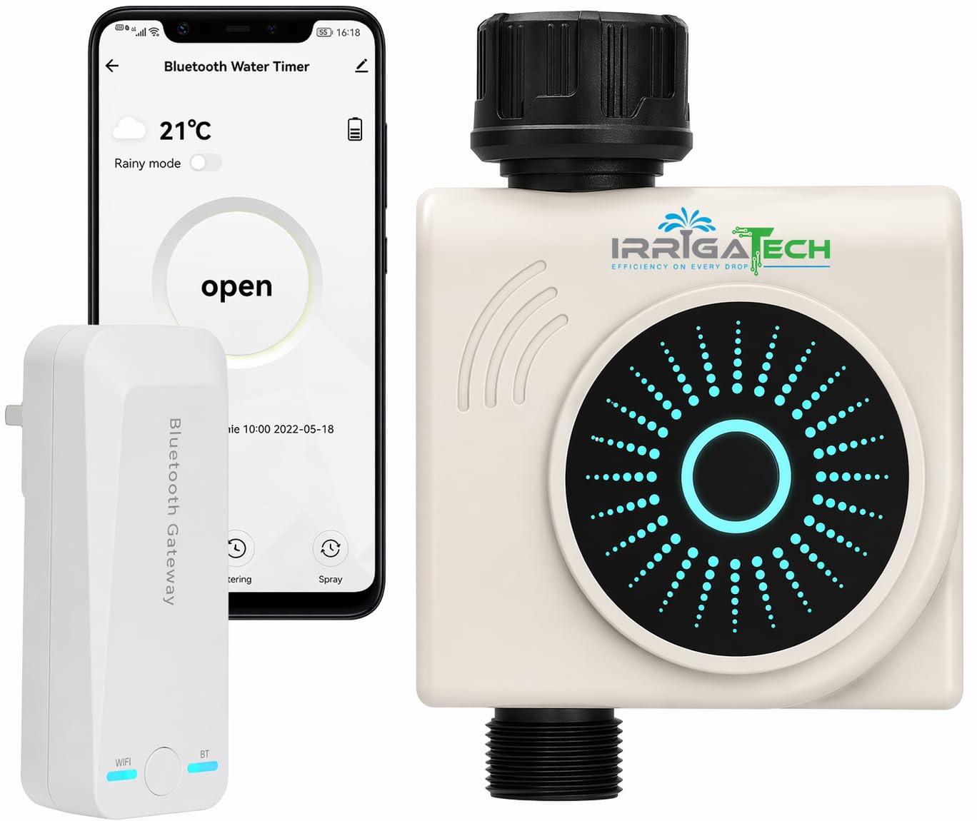 Timer di irrigazione intelligente WiFi e Bluetooth con Gateway, 1 zona, programmatore automatico per rubinetto, controllo app, compatibile Alexa e Google, Rain Delay.