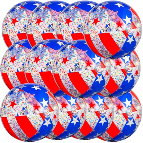 QOUBAI 12 Pack 4th of July Sequins Beach Balls 16' Patriotic Flag Pool Ball American Party Decoration PVC Jumbo Sport Ball for Adults Independence Day Summer Beach Swimming Pool Water Game Party Favor