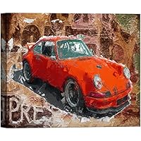 SIGNWIN Canvas Wall Art Vintage Blue and Green Porsche 911 TR Turbo with Orange Background Transportation Car Watercolor Realism Industrial Urban for Living Room, Bedroom, Office - 12x18 inches
