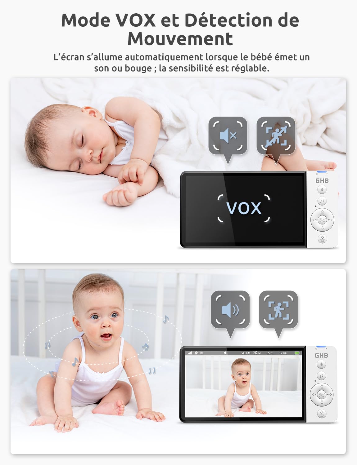 GHB Babyphone Camera 5" Baby Phone avec Camera Bebe Surveillance Rotation de 350° Détection de Mouvement 2,4 GHz sans WiFi VOX Mode Capteur de Température Vision Nocturne 8 Berceuses