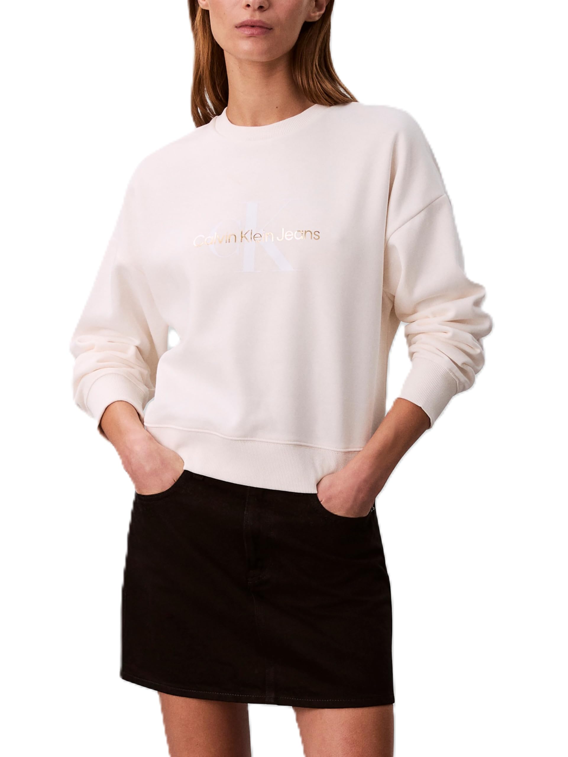 Calvin Klein womens Monogram Logo Crewneck, White Greige, XS