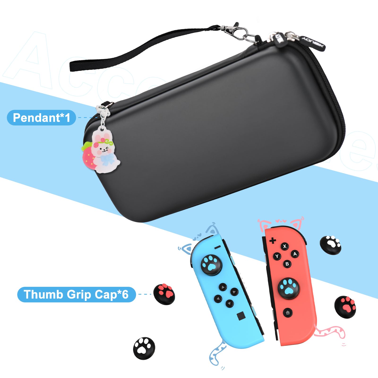 Younik Étui Compatible pour NS Switch/Switch OLED, 11 en 1 Switch Accessoires avec Pochette Housse Coque pour Switch, Protège Pouce,Autocollants Mignons et Pendentifs (Noir)