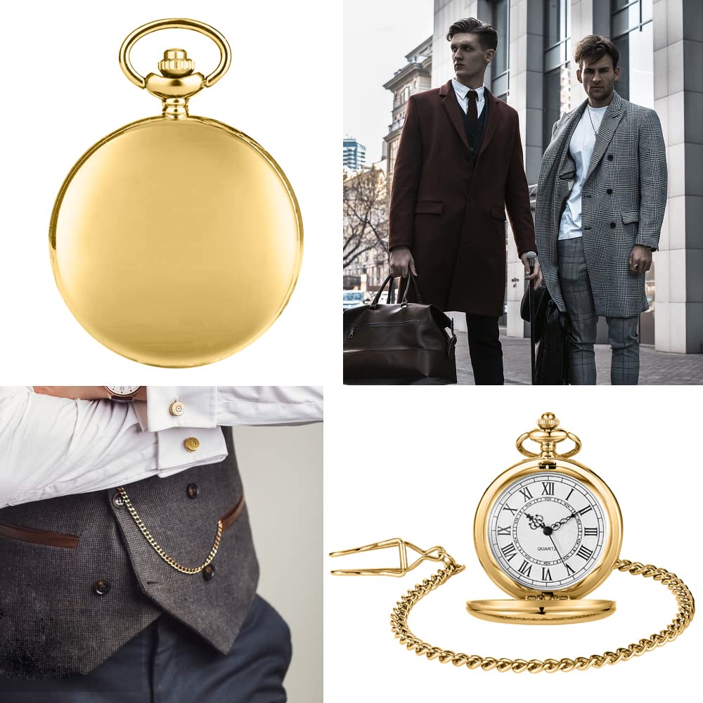 tasca, Classico orologio da tasca uomo e donna in acciaio liscio con catena numeri romani