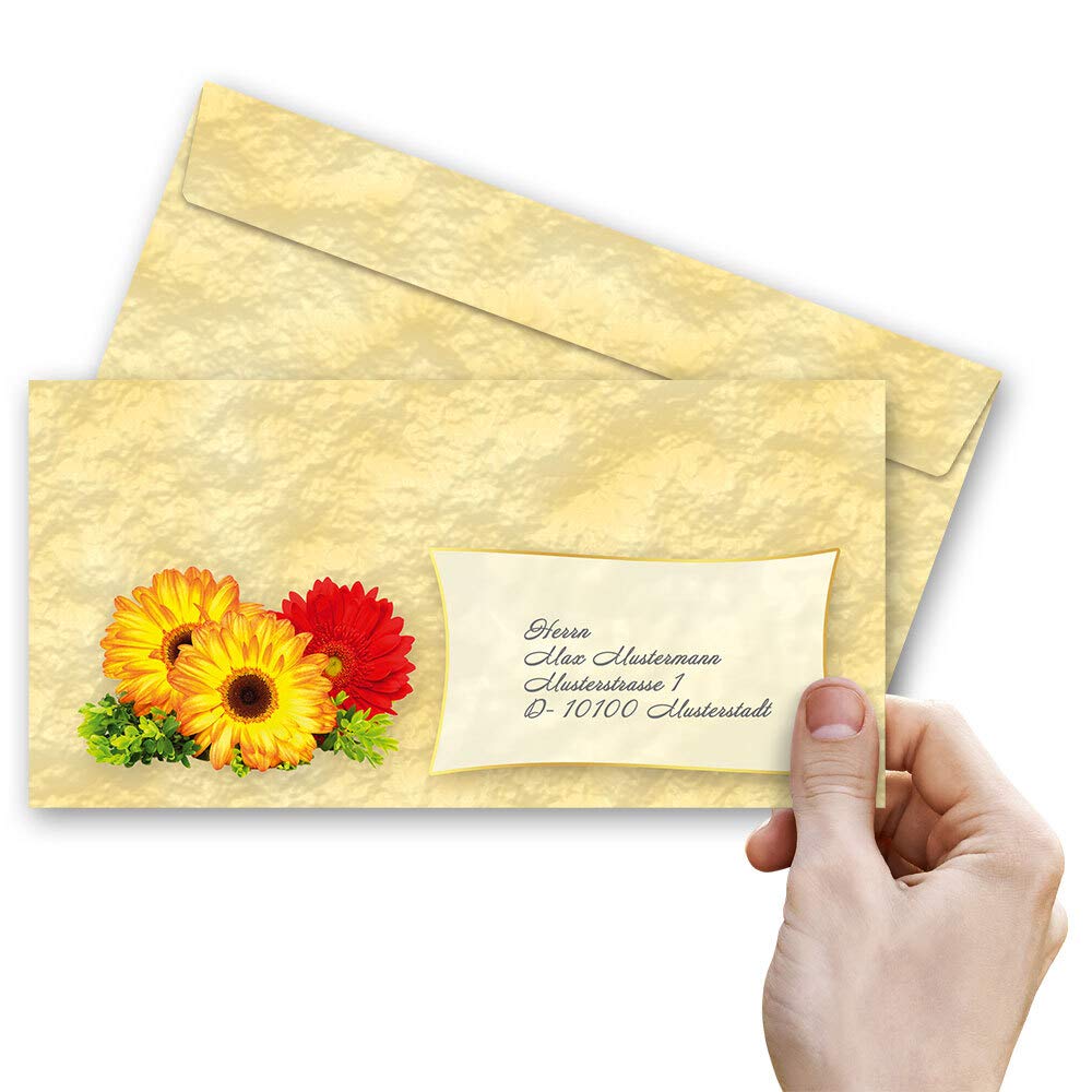 10 Briefumschläge GERBERA Blumen-Motiv – Selbstklebend, DIN Lang, Ohne Fenster