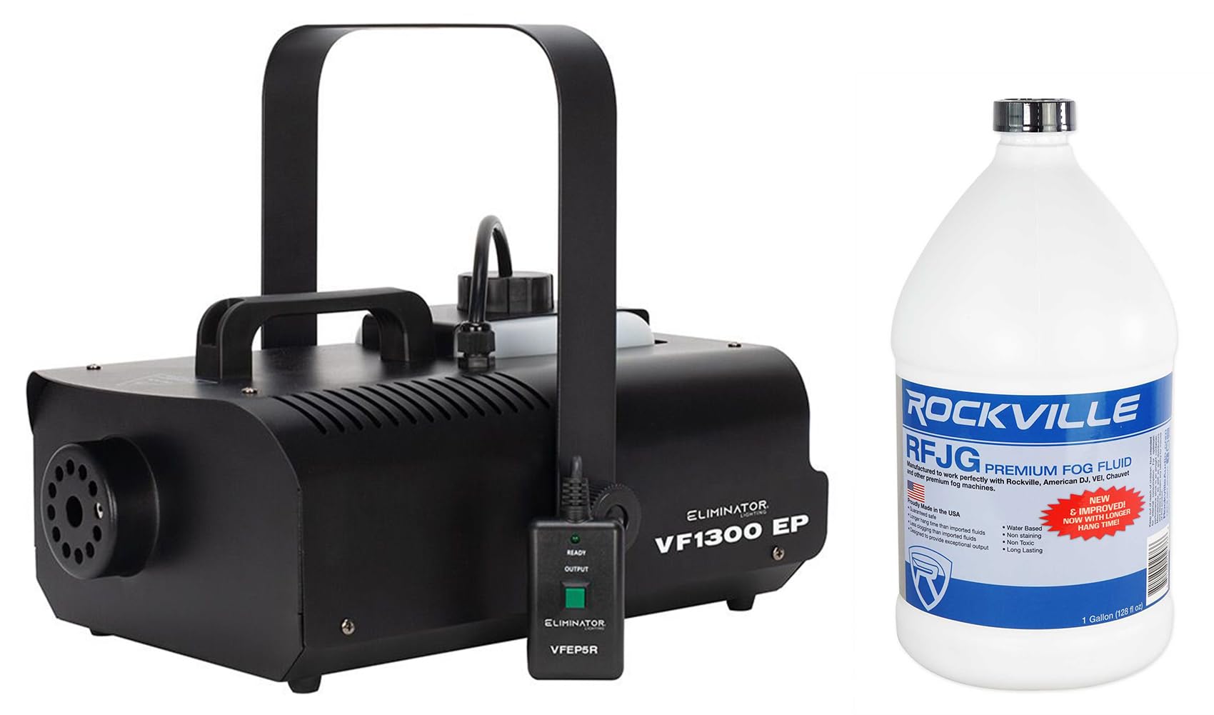 Audiosavings Bundle: (1) Eliminator ADJ VF1300 EP Portable Fog Machine Bundle with (1) Rockville RFJG Gallon Fog/Smoke Juice Fluid (2 Items)
