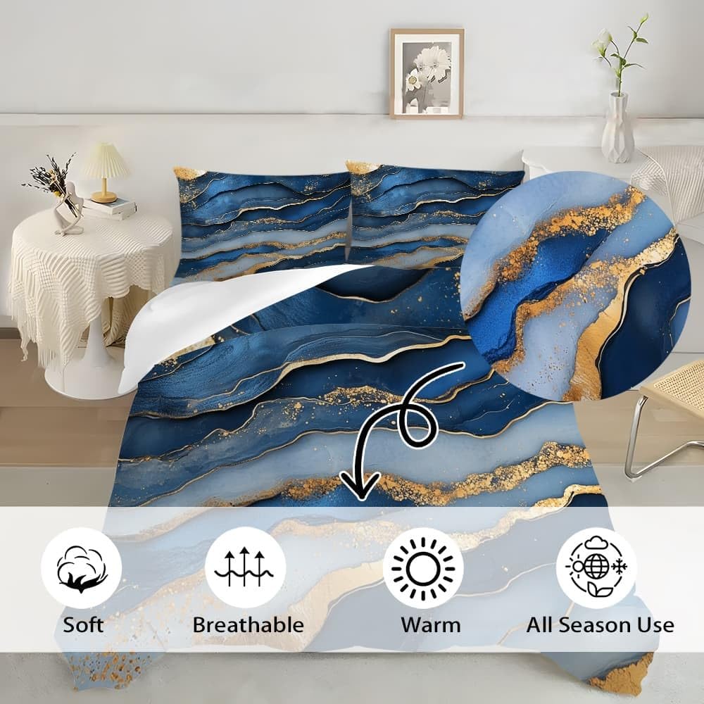 Fluido Di Marmo Lussuoso Copripiumino 2 Persona con Cerniera 250x200 cm Blu Set Biancheria da Letto in Microfibra, Lavabile in Lavatrice, per Bambini, Adolescenti e Adulti