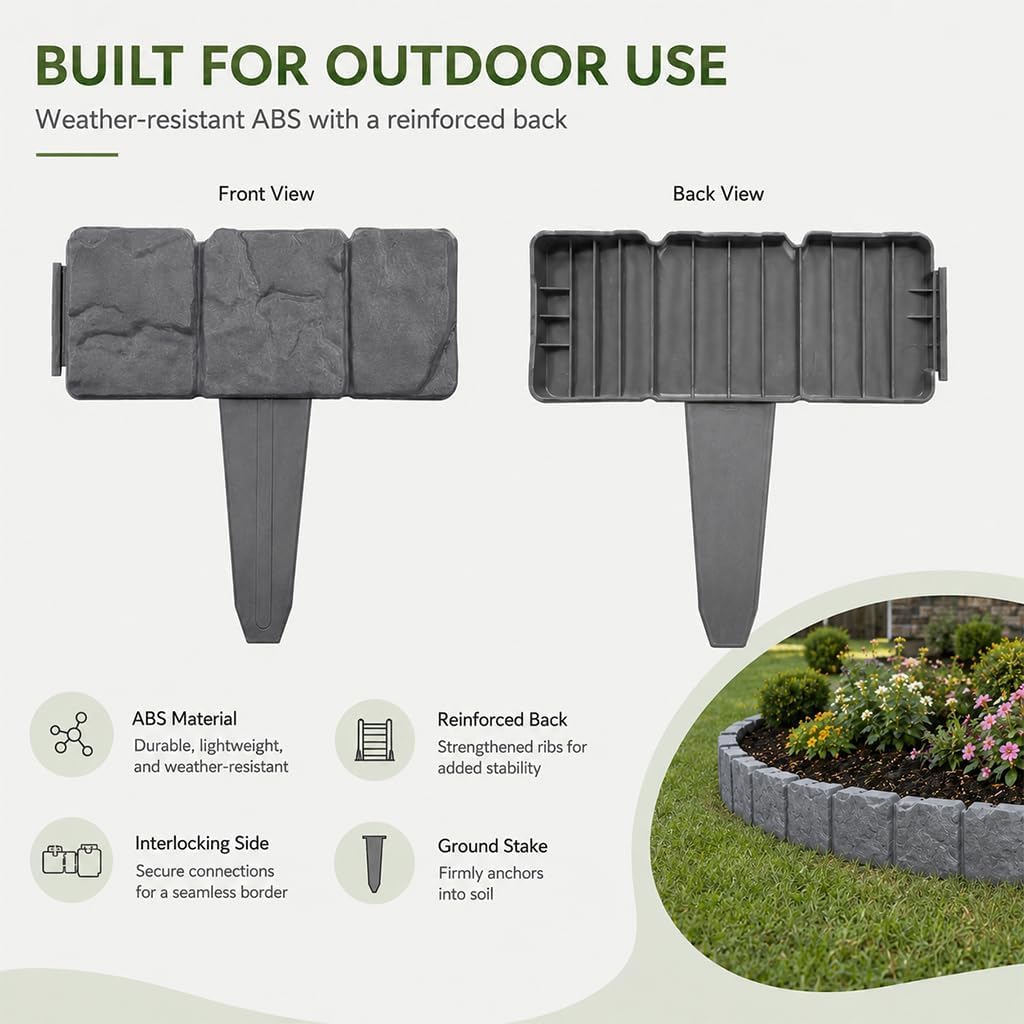 20 Pezzi di Bordure per Recinzione da Giardino in Finta Pietra Grigia - Pannelli Decorativi Ad Incastro per Aiuole, Vialetti E Prati - Bordura per Esterni, Bordo per Prato in Legno