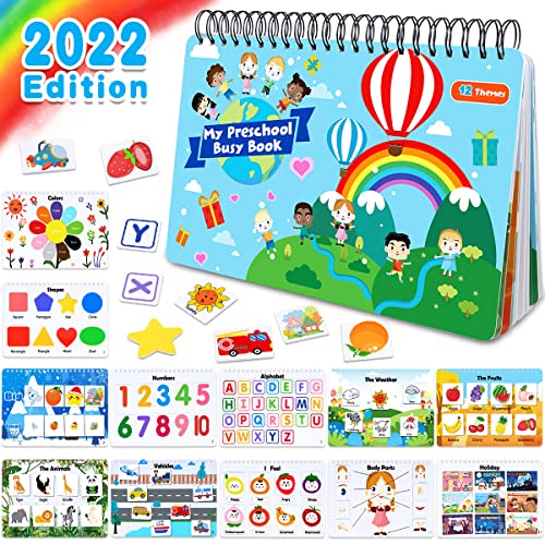 Airyard Montessori Toys Busy Book for Toddlers, Preschool Learning Busy Board for Kids, 12 Themes Learning Binder Sturdy Book Toddler Activity Educational ABC, Number, Colors and Shape Learning