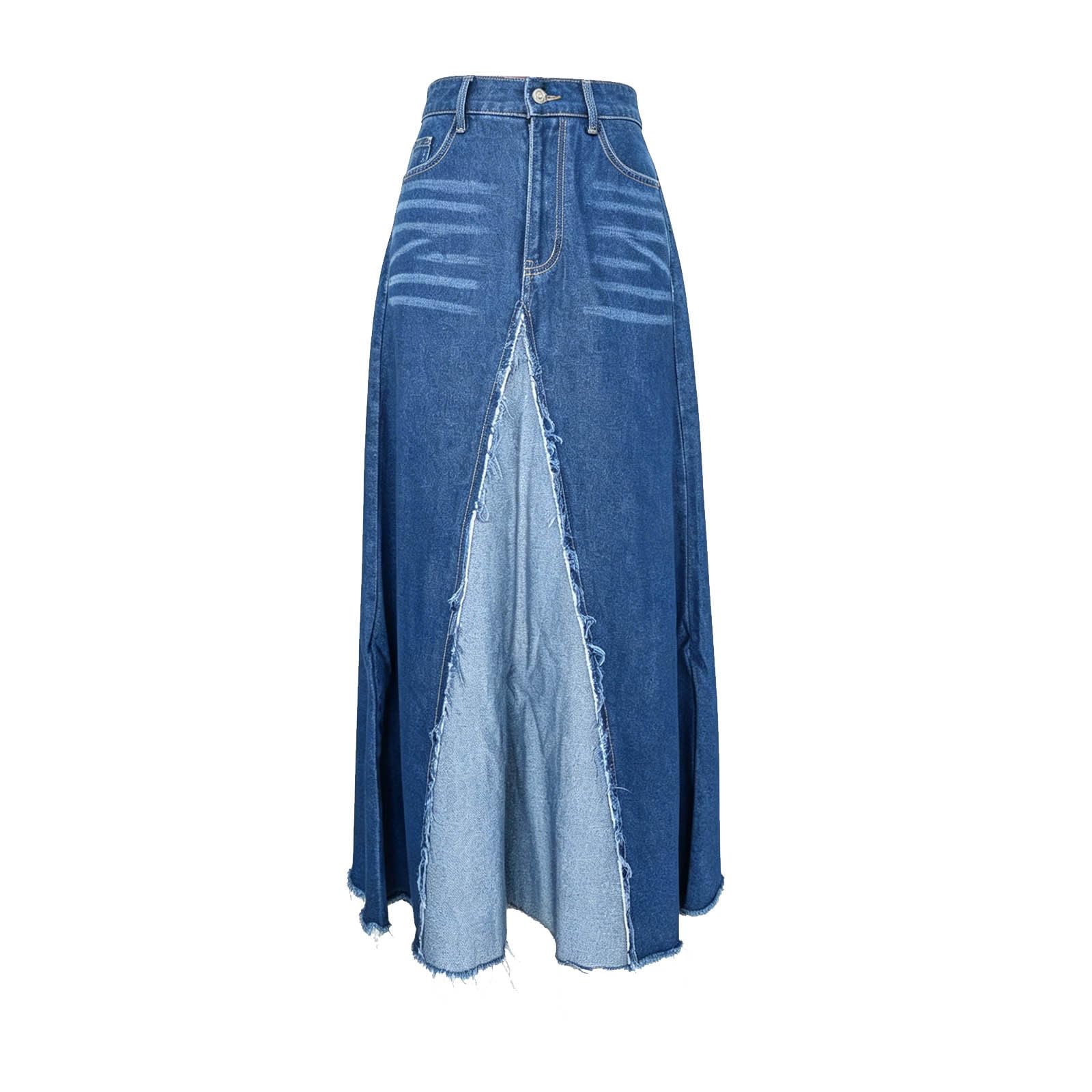 Gonna Patchwork in Denim con Frange, Lunga Moderna Casual per Tutti i Giorni 2026