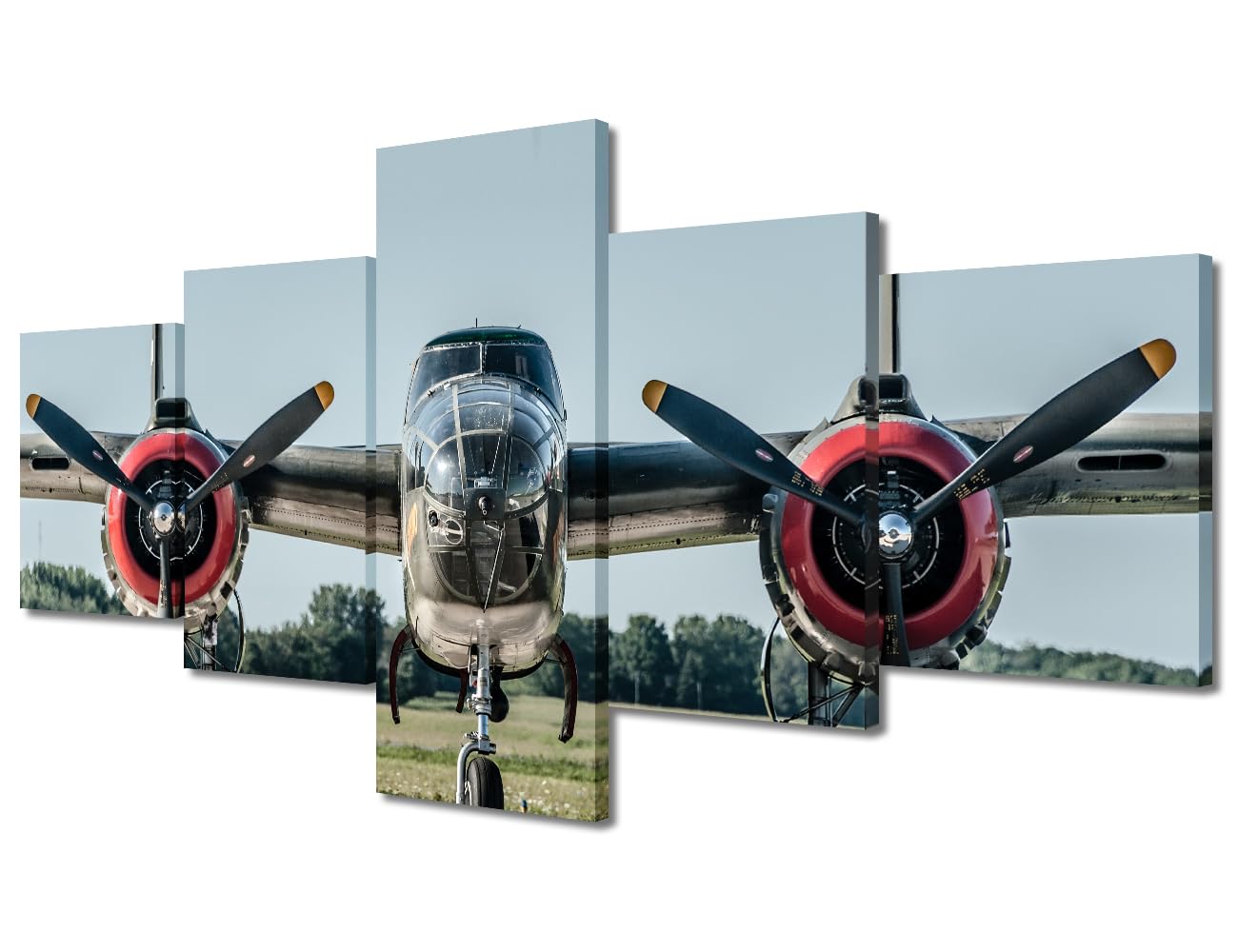 TUMOVO 5 Panel Modern Wall Art WWII B-25 Mitchell Bomber Parked on Runway Head on View Pictures Print on Canvas for Living Room Bedroom Wall
