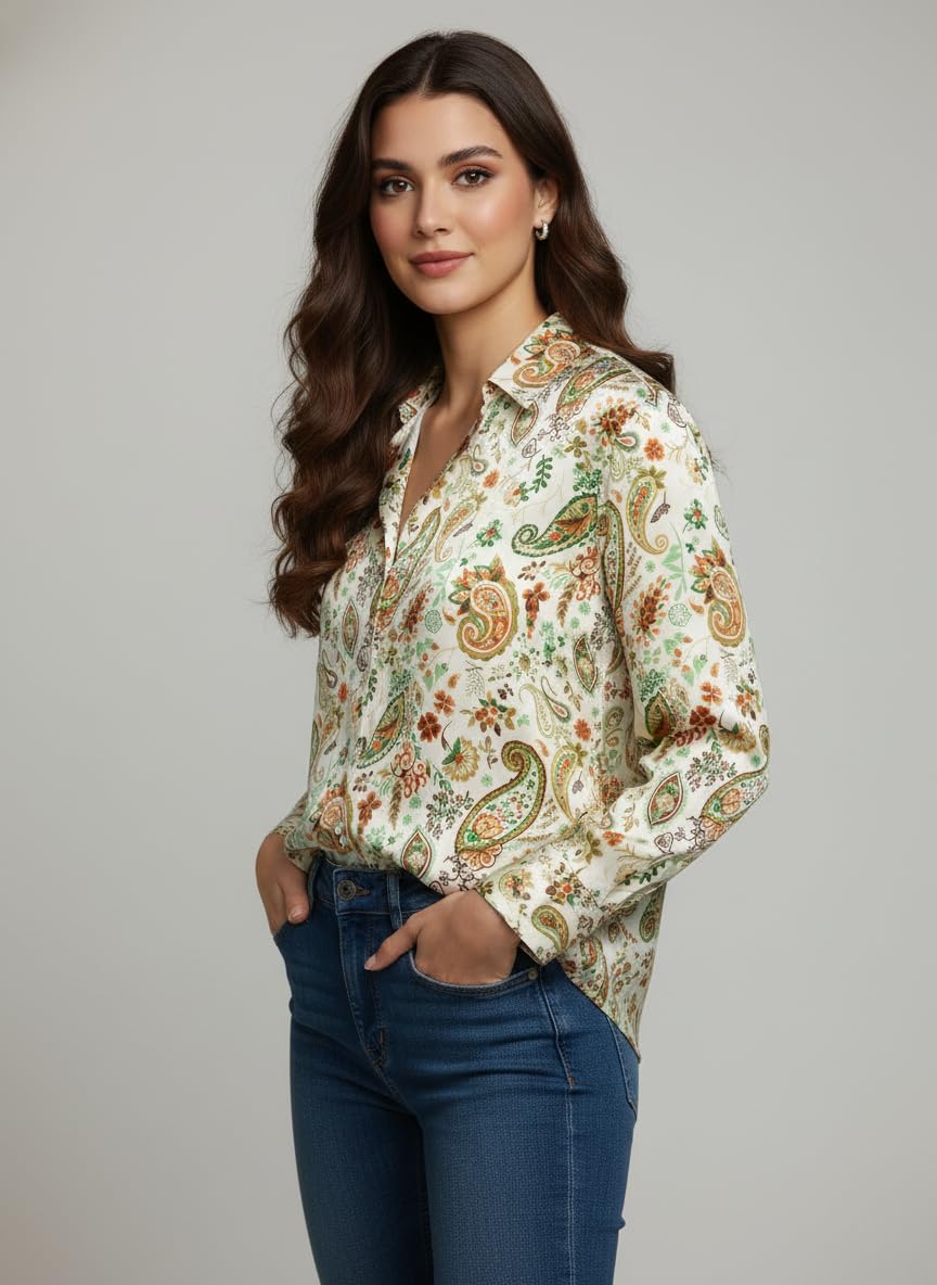 ANNI Designer Bedrucktes Damenhemd aus Baumwollmischgewebe, langärmelig, normale Passform, Kragen, legere Bürokleidung, elegante Western-Kleidung für den Alltag, Hochzeit, Party