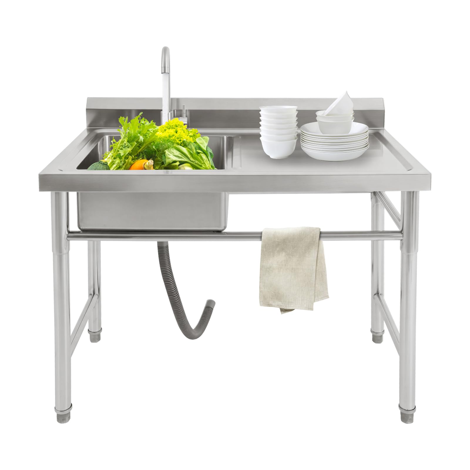 Lavello Inox Professionale 100x60x93 cm Vasca Sinistra e Rubinetto | Vasca sinistra con piano laterale, rubinetto 360°, scarico filtrato, piedini regolabili, struttura stabile fino a 200 kg