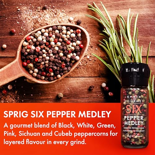 Image of Sprig Gourmet Six Pepper Medley 42g | Expensive But Authentic | Chef's Choice | Colourful & Flavourful | Rainbow Peppercorn blend | Whole Dried Peppercorns (Black, White, Pink, Green, Sichuan, Cubeb) | Reusable Glass Grinder Bottle