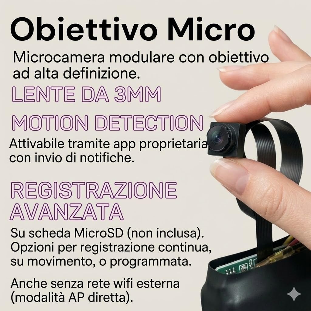 Mini Telecamera WiFi Full HD 1080p, Nera, con Rilevamento Movimento, Batteria Integrata, Controllo via App, Micro Obiettivo 3mm