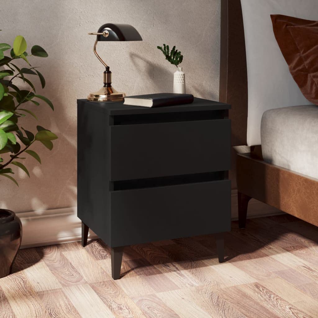 Mesita de noche industrial negra 40 x 35 x 50 cm de material de madera con dos cajones y cuatro patas de metal – Espacio de almacenamiento muebles armario armario estable resistente limpieza