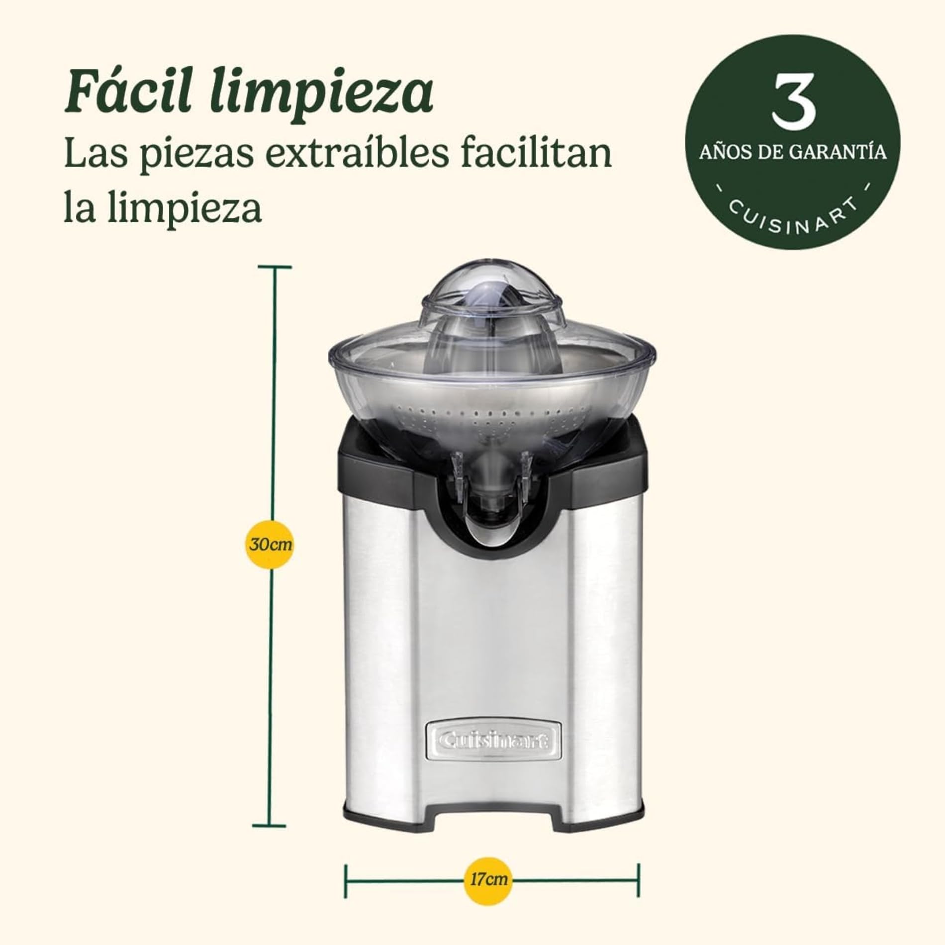 Cuisinart Prensa Eléctrica de Cítricos | Exprimidor de Frutas de todos los tamaños - Naranja, Limón, Lima, Pomelo | Sin goteo | Apto para lavavajillas | Tamaño compacto | Acero inoxidable