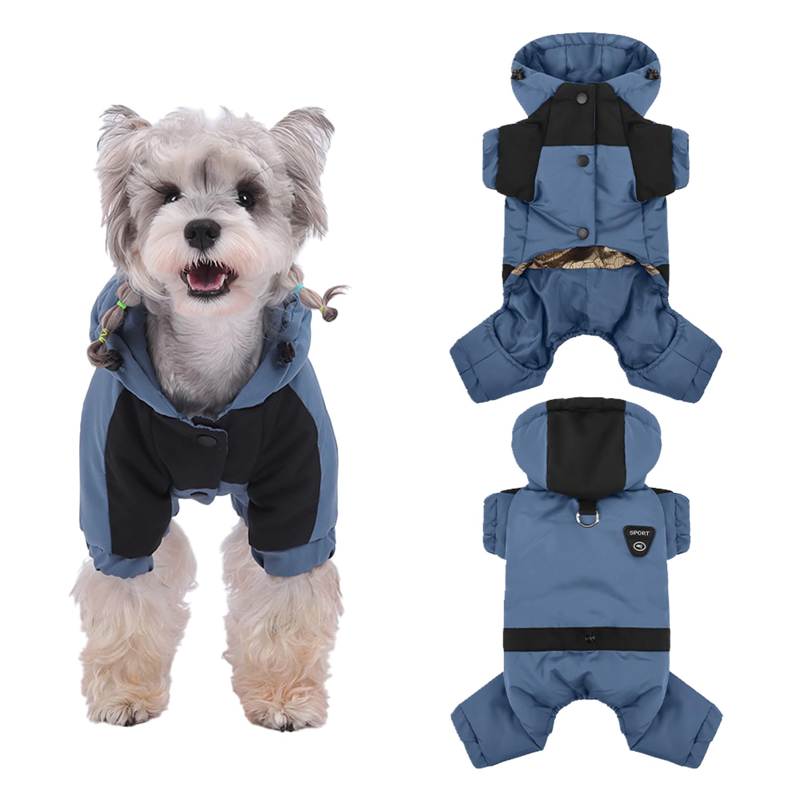 Duuclume Warm Dog Coat with Hood,Waterproof Windproof Winter Full Body Dog Jacket Snowsuit,Adjustable Cold Weather Pet Clothes (Blue, L)