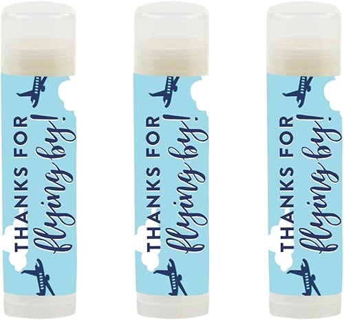 Andaz Press Blue Airplane and Clouds - Colección de fiesta de cumpleaños, recuerdos de bálsamo labial, gracias por volar, paquete de 12