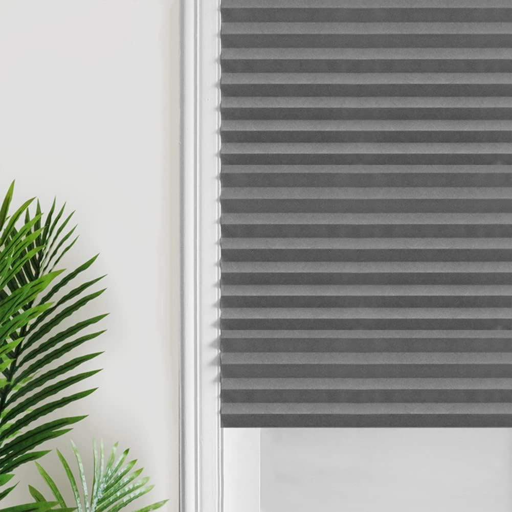 Window Shade, Polyester Pleated Blinds, Grey, 60*150cm, Tool Free Installation, Indoor, Living Room, Bathroom, Kitchen, Office, Blackout, UV Protection, Light Filtering, Adhesive