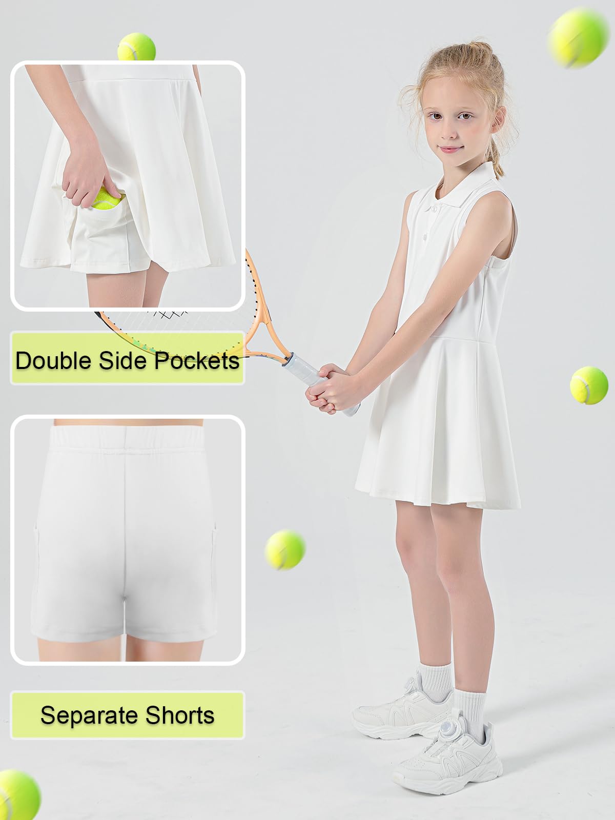 Robe de Tennis pour Filles avec Poches Séparées pour Shorts Robe de Sport Golf sans Manches Tenue de Tennis Polo 5-15 Ans
