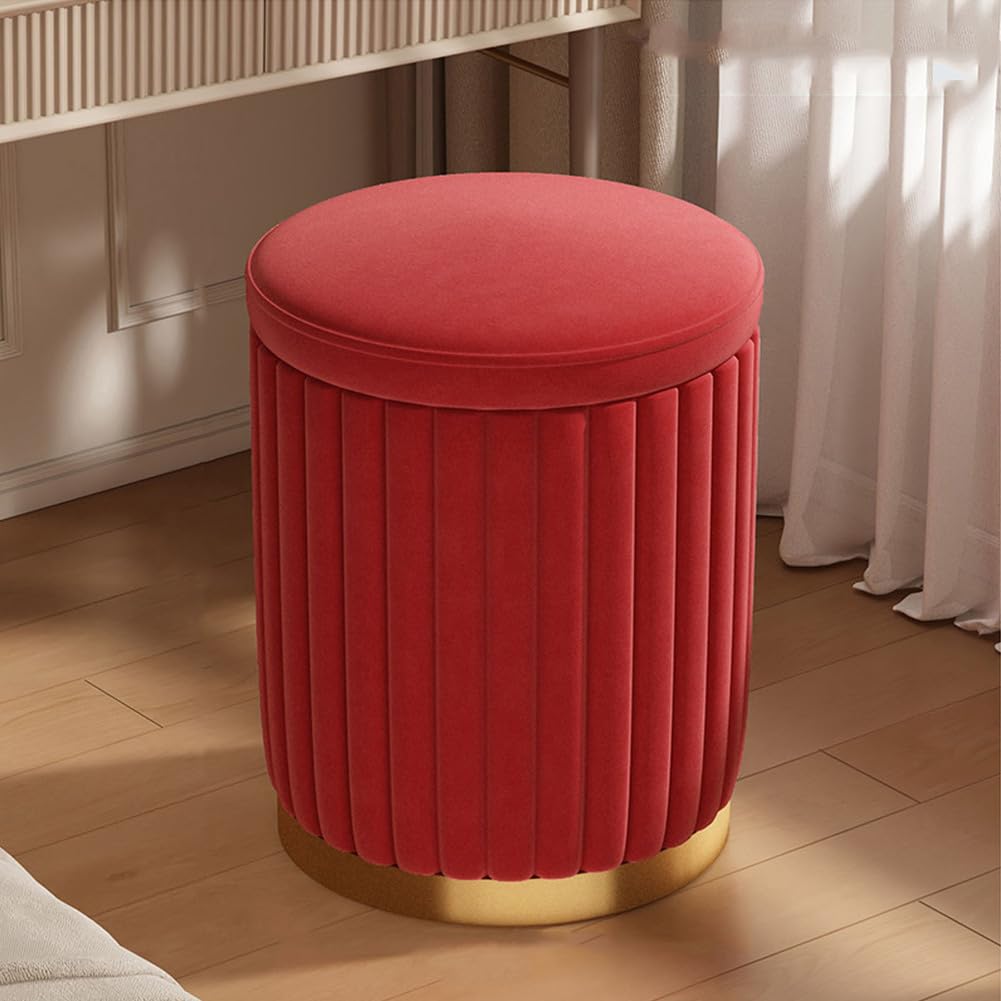 Mevzhh Red Round Vanity Chair Storage Flannelette Upholste Stool Makeup Vanities Dinibedroom Stylish Metal Base/Red/34 * 45 Cm