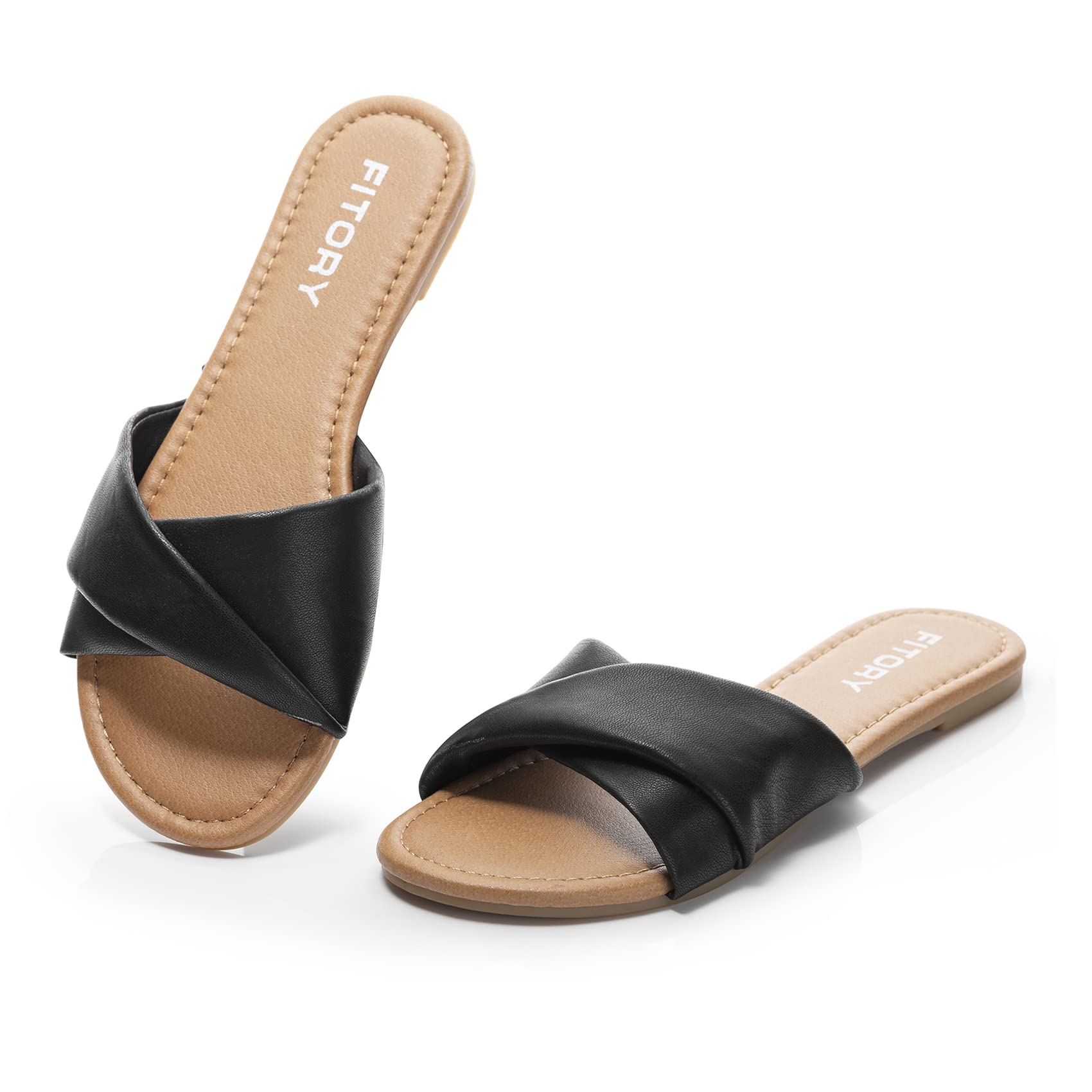 FITORY Women's Flat Sandals Fashion Slides With Soft Leather Slippers for Summer Size 6-11