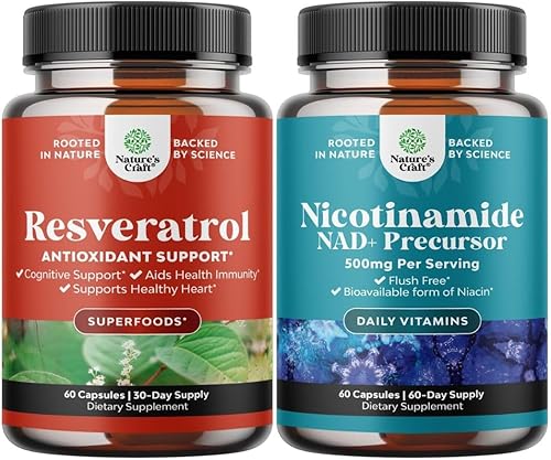 Paquete de suplemento de resveratrol trans juvenil y cápsulas de vitamina B3 nicotinamida de 500 mg - con activador AMPK refuerzo cerebral refuerzo
