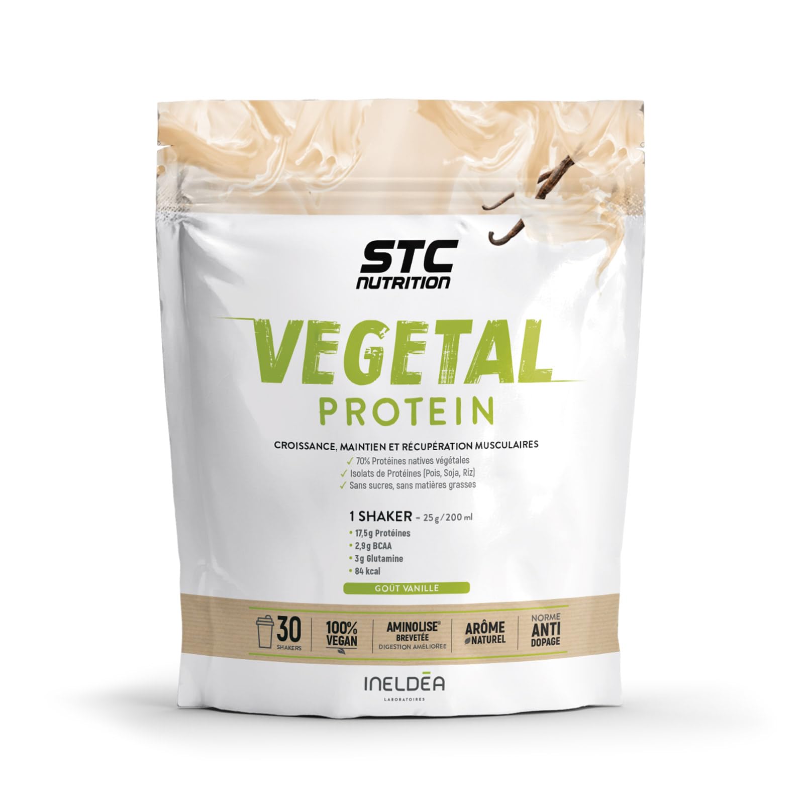 STC NUTRITION Vegetal Protein, Alternative 100% Végétale, Pois + Soja + Riz, Sans Sucre, Matières Grasses, Colorants, Gluten, 100% Végan, Goût Vanille, 750g - Marque Française