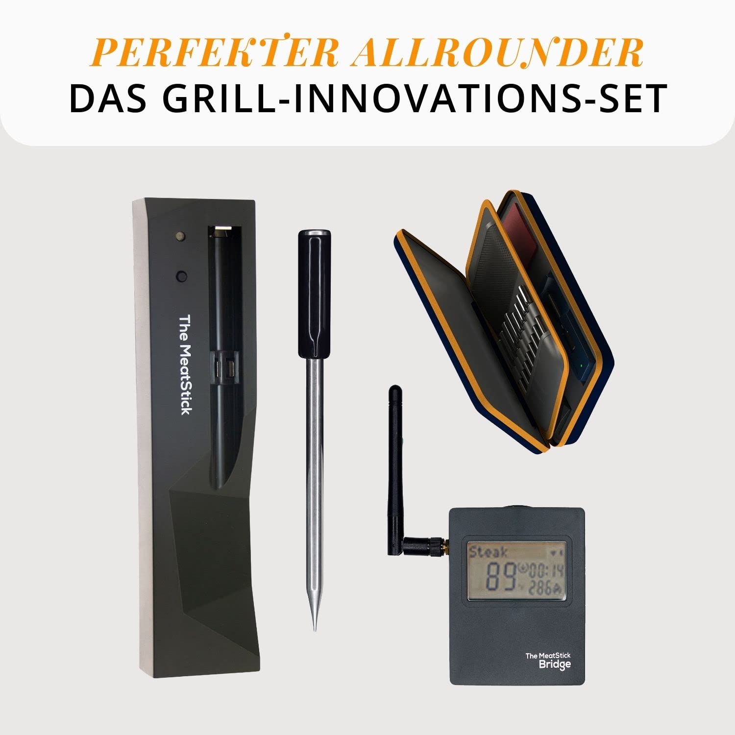 The MeatStick Bridge Set 1 Fleischthermometer Set I 1x MeatStick und WiFi Bridge für 90m Bluetooth Reichweite I inkl. Ladegerät und Tasche I kabellose Thermometer Grillzubehör